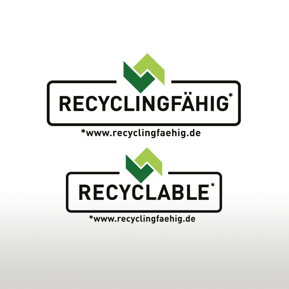 Our “Recyclingfähig/Recyclable” label